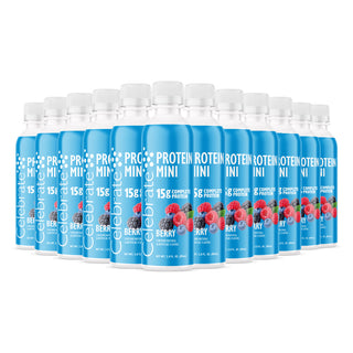 Multiple containers of Protein Mini Berry flavor on a white background