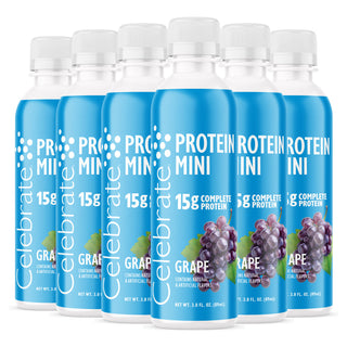 Multiple bottles of Celebrate Protein Mini Grape flavor on a white background